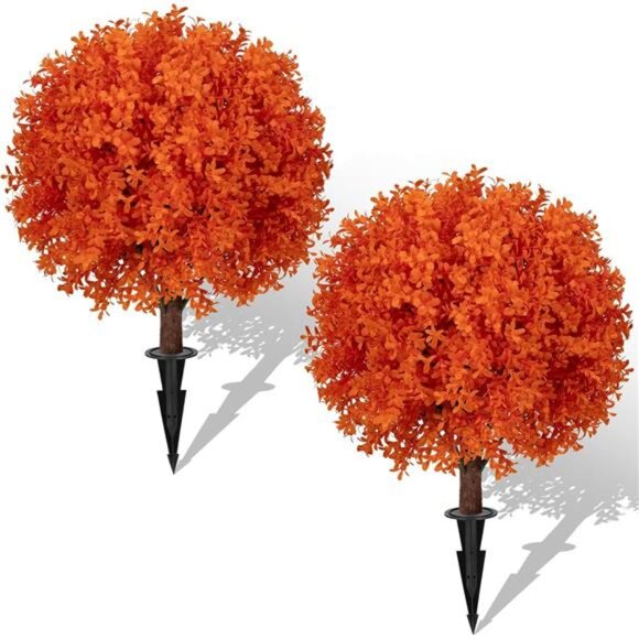 Set of‎ 2 Artificial Orange Boxwood Topiary Ball Trees, 23" UV Resistant No Fade - Picture 1 of 8